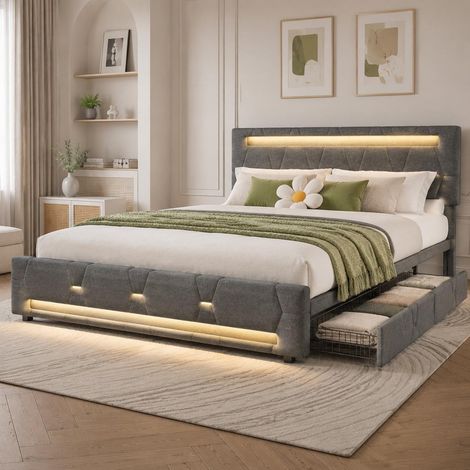 Letto matrimoniale 160x200 cm con 4 cassetti portaoggetti e illuminazione LED, porta USB di ricarica, testiera regolabile in altezza, tessuto effetto lino, rete, Grigio (1/5)