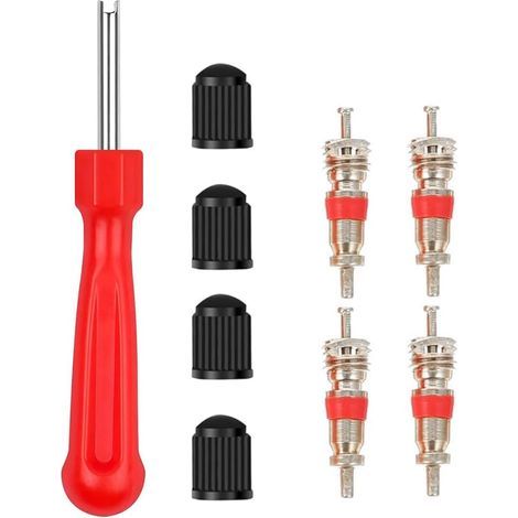 Kit d'outils pour valves de pneus (1 pièce), clé de voiture, tête unique, 4 bouchons de valve, 4 inserts de valve, outils de réparation de valves (1/5)
