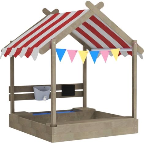 House-Designed Wooden Sandbox for Kids 3-7, Outdoor Sandpit with Blackboard, Toys, Sink, Seats, and Flags - Grey Color