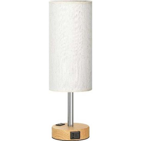 Lampe de chevet de chambre à coucher - lumière tactile à intensité variable à 3 canaux avec port de chargement USB C et prise de courant secteur, petite base de lampe en bois, abat-jour circulaire en