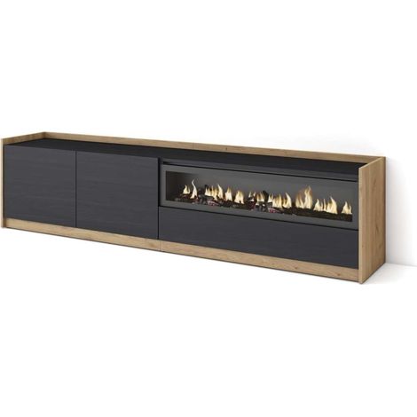 Mueble TV Málaga-02 de 207x50x37 cm con chimenea eléctrica, color negro y roble (1/4)