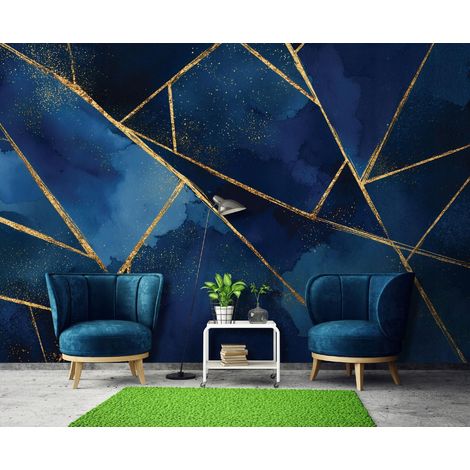 Fototapete Marmor Blau Gold, für Wohnzimmer und Schlafzimmer, 300 x 210 cm – Komplettset inkl. Kleister & Anleitung (1/5)