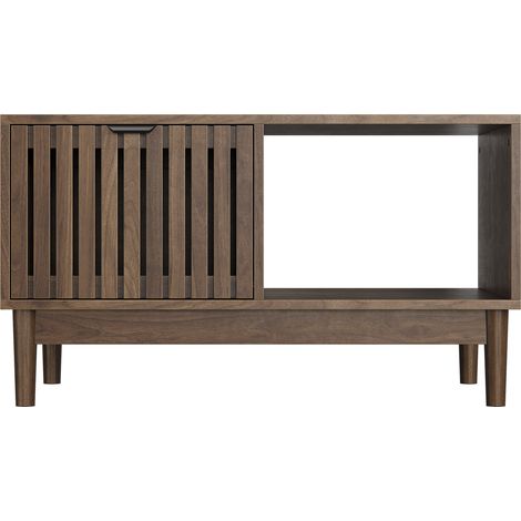 Table basse 80 cm style mid-century moderne avec niche, étagères ouvertes, rangement latéral et pieds en bois foncé, idéale pour salon compact  CHICFURN (1/5)