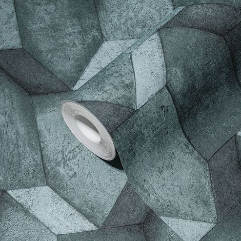 Papier peint 3D en effet béton pétrole, idéal pour la cuisine et le salon Papier peint géométrique bleu-vert pour un style industriel (1/5)