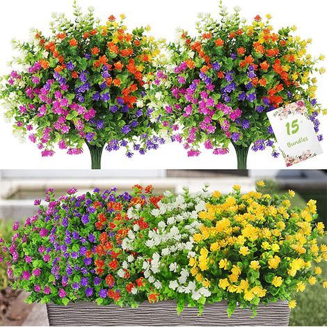 Choyclit – Lot de 15 bouquets de fleurs artificielles résistantes aux UV – 5 couleurs vives – Dimensions 35-40 cm – Pour intérieur et extérieur (1/5)