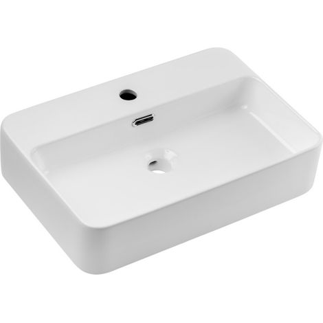 Lavabo da appoggio rettangolare 55x38 cm in ceramica bianca lucida