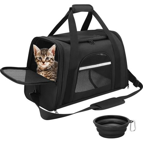 Sac Transport Chat Chien Caisse de Transport Chat Respirant pour Un Voyage Confortable Sac de Transport Chien Respirant et Pliable Caisse de Transport avec Matelas en Peluche Amovible et Bol (Noir)
