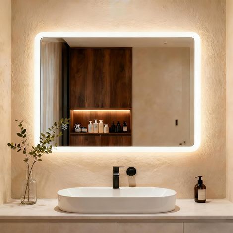 Miroir de Salle de Bain avec éclairage 80 x 60 cm, Miroir LED avec 3 Couleurs de lumière à intensité Variable, Verre trempé et Bord Mat, Interrupteur Tactile, Fonction mémoire, Anti-buée (1/5)