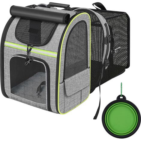 Sac à Dos Extensible Pour Chat Et Petit Chien - Espace Aéré Avec Fenêtre Mesh - Inclut Gamelle Pliable Verte - Pour Voyage Et Randonnée - 62x34x43cm (1/5)