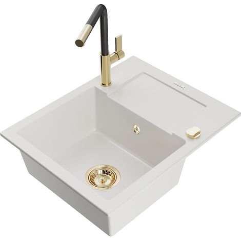 Mexen Enzo lavello in granito a 1 vasca con sgocciolatoio e miscelatore cucina Flora, bianco - 6506-20-670401-57-G (1/5)