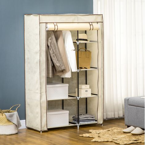 Armoire penderie en tissu 103x43x162.5 cm blanc crème en acier avec 1 tringle, 6 étagères et housse zippée (1/5)