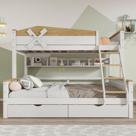 Lit superposé enfant design moulin à vent 90x200/140x200 - Avec étagères et tiroirs de rangement - Barrière de sécurité - Pin et MDF blanc/naturel,(sans Matelas) (1/5)