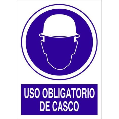 Señal de obligación Uso obligatorio de casco (texto y pictograma) Pegatina Adhesiva 148X105 (1/2)