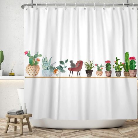 183x183cm Rideau de Douche Cactus Chat Vert désert Animaux Aquarelle Cactus Chat de Compagnie Décoration de Baignoire Accessoires Imperméable Polyester (1/5)