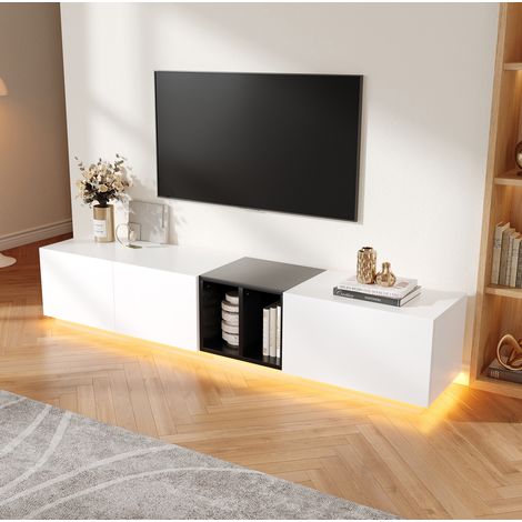 Mueble TV con cajón y compartimentos de almacenamiento abiertos, de madera, negro y blanco (1/5)