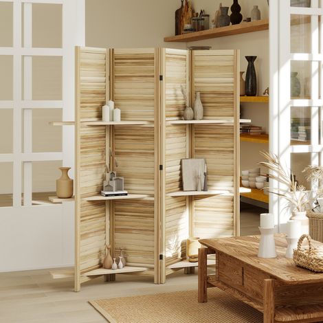 Paravent intérieur en bois 4 panneaux 160 x 170 cm. séparateur de pièce pliable avec 3 étagères. bois naturel