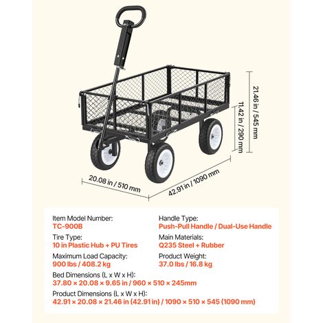 VEVOR Garden Cart, 900 LBS, Heavy Duty Steel Yard and Garden Utility Wagon with 10-Inch Tires, Outdoor Gardening Stool with Adjustable Handle, Detachable Side Panels, Attach to ATV or Tractor, Black (1/4)