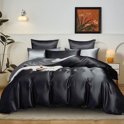 Satin Bettwäsche 200x220 cm Schwarz/Dunkelgrau Wendebettwäsche mit Reißverschluss