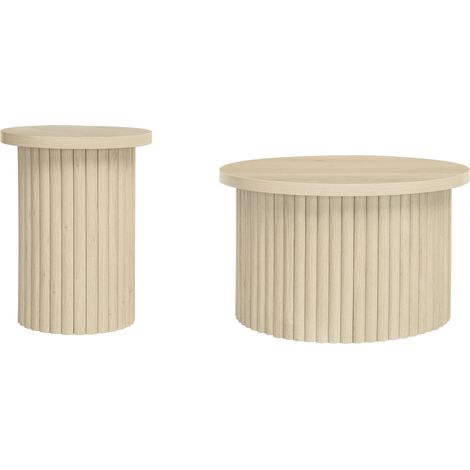 Set de 2 tables basses rondes en MDF avec surface résistante aux rayures et structure ondulée en bois naturel (1/5)