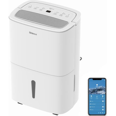 SHINCO WIFI tragbarer Luftentfeuchter 50 l/Tag mit Hebepumpe, Luftreiniger, Aktivkohlefilter, 24-Stunden-Timer, kontinuierlicher Wasserablauf, Wäschetrockner-Funktion, weiß (1/5)