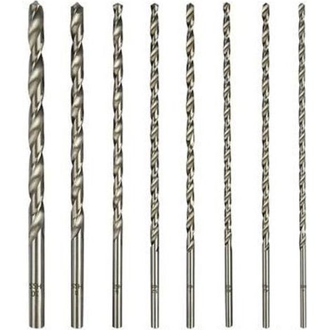 Jeu de 8 forets extra longs de 200 mm, en acier rapide, à queue droite, de diamètres 4 mm, 4,2 mm, 4,5 mm, 5 mm, 5,2 mm, 6 mm, 8 mm et 10 mm. Outil de perçage pour le bois. (1/5)