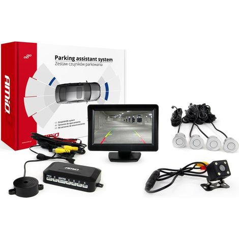 Kit di sensori di parcheggio TFT01 da 4,3" con telecamera HD-315-LED e 4 sensori argentati. (1/5)