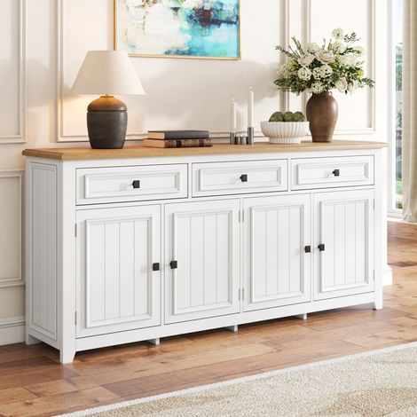 Aparador de MDF blanco con tapa efecto madera, 160 x 35 x 76 cm, 3 cajones, 4 puertas, baldas regulables (1/5)