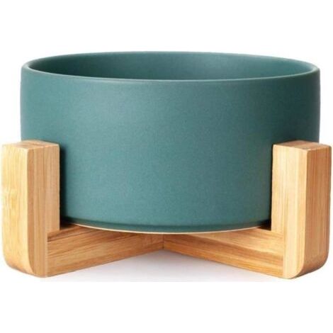 Gamelle ronde en céramique pour chien et chat, gamelles durables et antidérapantes en céramique avec cadre en bois (vert) (1/4)