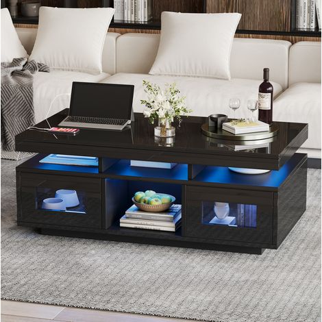 Tavolino basso 100x50x43 cm nero lucido con LED, presa e vani, pannelli truciolari MEUBLIV (1/5)