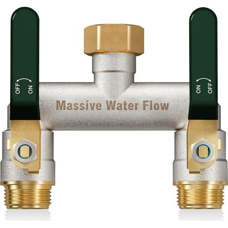 2voies Distributeur d'eau à double débit, distributeur d'eau 3/4 pouce, construction robuste en laiton nickelé, adaptateur de robinet extérieur à haut débit, poignée métallique allongée-poignée verte (1/5)