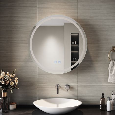 SIRHONA Armoire de toilette ronde à LED avec prise rasoir désembuage 3 modes d'éclairage 600x600mm Miroir lumineux de salle de bain — vue 3