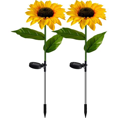 Lot de 2 lampes solaires en forme de fleurs de tournesol, à piquet, LED blanc chaud, étanches, pour allée, pelouse, jardin et éclairage de sécurité. (1/5)