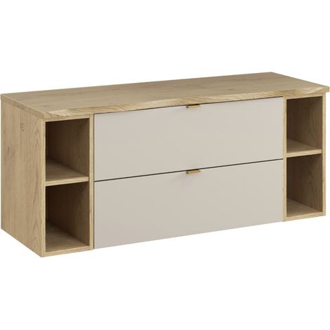 Meuble sous vasque suspendu DALIA Cachemire avec 2 modules ouverts et plan Chêne naturel 120 cm-Largeur 120 cm (1/5)