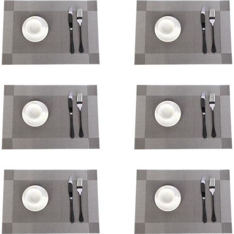 (Gris Argenté)Lot de 6 Sets de Table PVC Napperons Vinyle Tissé Lavables Resistant à la Chaleur Antidérapant Restaurant Salle Manger Gris Argenté (1/4)