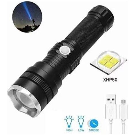 Lampe de poche LED rechargeable, lampe de poche tactique zoomable super lumineuse XHP50 6000 lumens 3 modes lampe torche étanche pour camping randonnée (1/5)