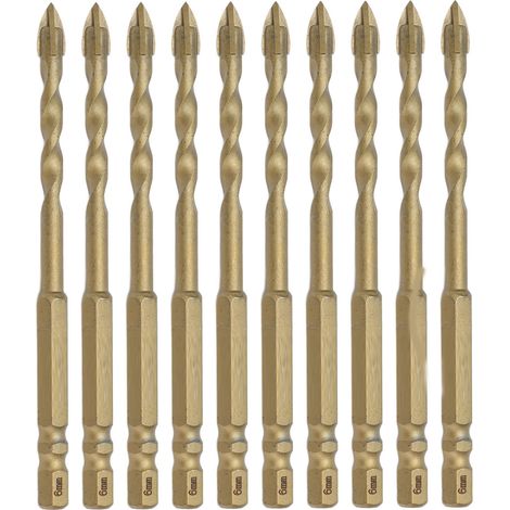 10 Forets à pointe croisée en carbure avec queue hexagonale 1/4 pouce pour céramique, marbre, verre - Couleur cuivre - Trou de 6mm (Lot de 10) (1/5)