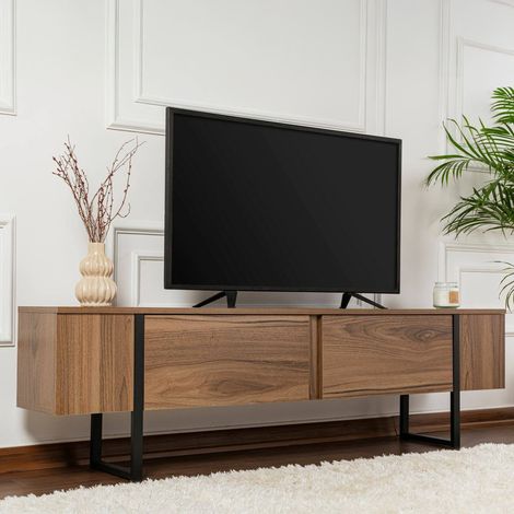 Dmora - Fernsehschrank Tarquin, Ständer für Wohnzimmerfernseher, Niedriges Wohnzimmer-Sideboard, TV-Ständerbasis, 180x30 h50 cm, Walnuss und Schwarz (1/5)