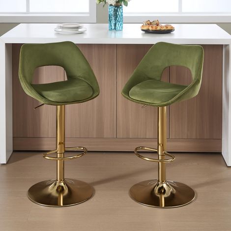 Wahson Bar Stools 2Pcs in Velvet Modern Swivel Counter Chairs with Hollow Backrest for Home Bar Kitchen, Green