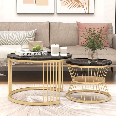 Tables basses gigognes rondes 2 pièces – Plateau marbre noir – Pieds métalliques finition dorée – Gain de place style contemporain idéal salon chambre bureau balcon