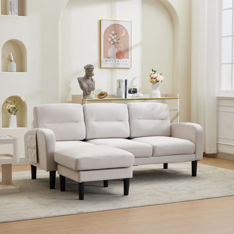 Divano angolare modulare a 3 posti con chaise longue e tasche contenitore, 204x136x80 cm, tessuto beige (1/5)