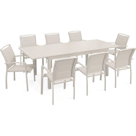 Ensemble table de jardin extensible et 8 fauteuils en aluminium crème