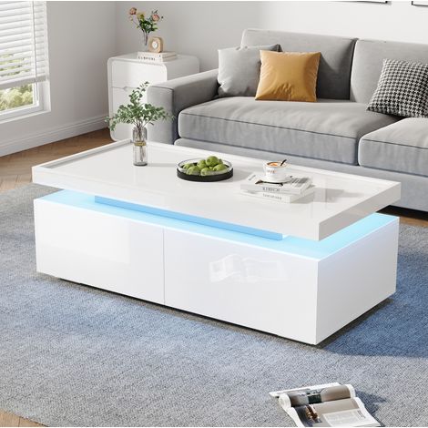 Table basse 95x45x35 cm blanche en panneau de particules avec LED et 2 tiroirs (1/5)