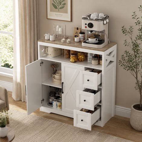 Buffet 100×40×105cm, étagères réglables,armoires de cuisine avec 3 tiroirs et 2 portes, meuble de cuisine, grande capacité, style moderne,pour salle à manger, cuisine et salon, Bois, Blanc