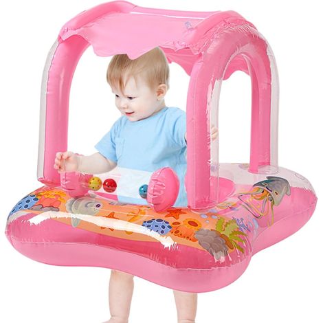 Baby Zwembad Float - Opblaasbare zwemtrainer, canerwaterzitje met luifel Anello di protezione solare UV, filo esterno più speelvlokken, droogvlot, 60×60×58cm (1/5)