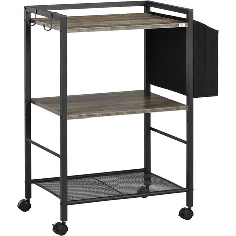 HOMCOM carrito auxiliar con ruedas carrito de almacenamiento de 3 niveles con bolsa de tela 2 ganchos y marco de acero para salón cocina 66x40x80,5 cm (1/5)