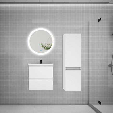Ensemble meuble vasque L.50cm 2 tiroirs + lavabo + LED miroir rond 60cm + colonne A,blanc aica (1/5)