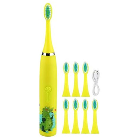 Brosse à dents électrique pour enfants - Jaune, rechargeable par USB, 4 vitesses, 8 têtes de brosse