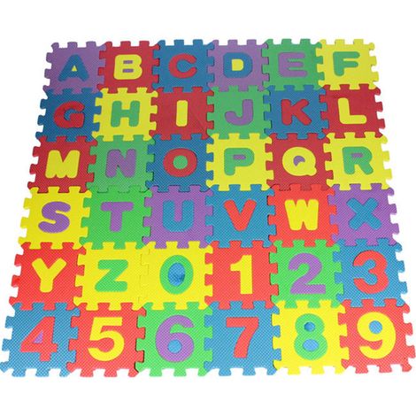 Tapis de jeu puzzle en mousse pour enfants (36 pièces) avec alphabet multicolore et chiffres éducatifs. Tapis en mousse souple et sûr à emboîter. (1/5)