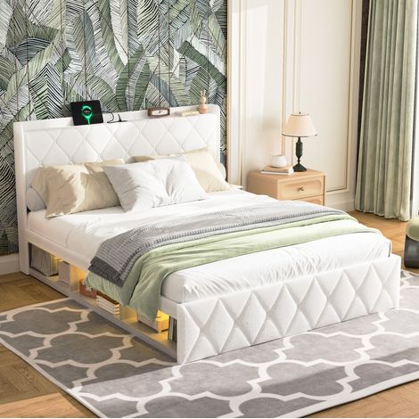 Cama tapizada 140x200 cm, con carga USB, luces LED, 6 cajones, tejido teddy blanco (1/5)