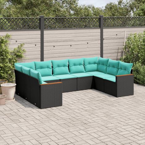 9-teiliges Gartensofa-Set mit Kissen, schwarzes Polyrattan (1/5)